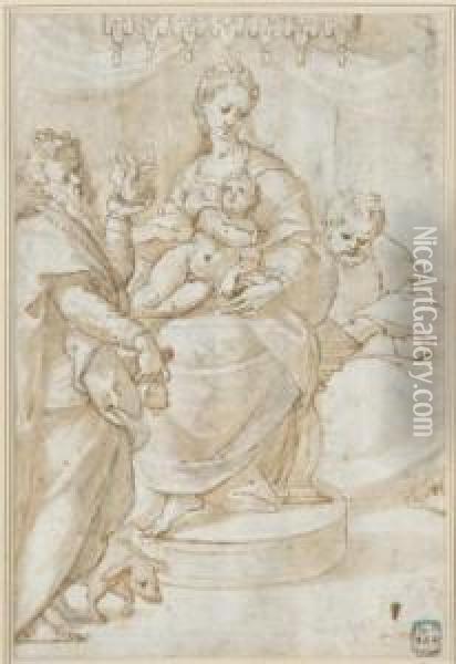 La Sainte Famille Sous Un Dais Avec Saint Antoine Oil Painting - Orazio Samacchini