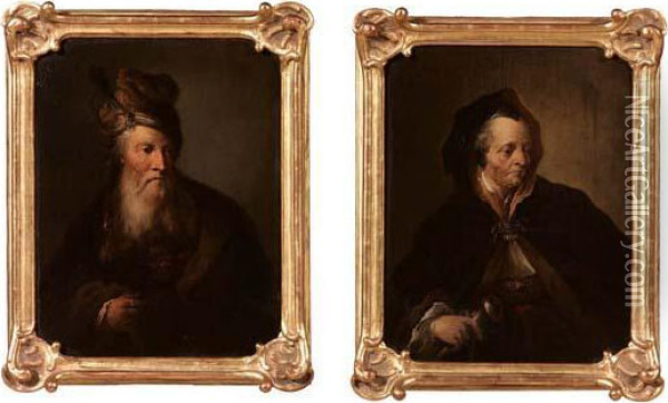 Anziano Uomo In Veste Orientale B)anziana Donna In Veste Nera Oil Painting - Rembrandt Van Rijn