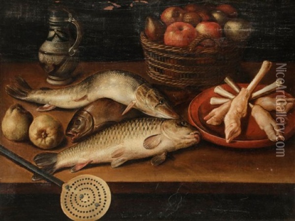 Nature Morte Aux Poissons, Pommes, Poires Oil Painting - Cornelis Jacobsz Delff