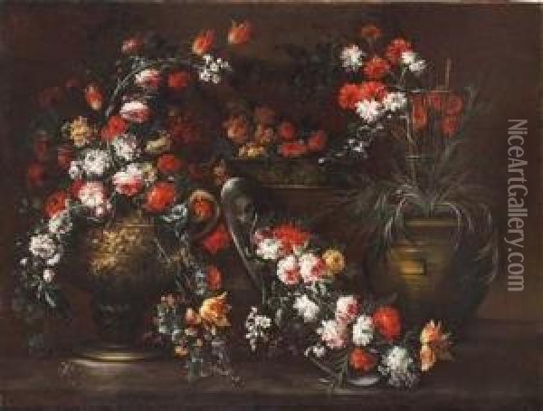 Paarstillleben Mit Blumen Oil Painting - Margherita Caffi