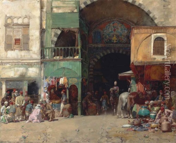 Marketplace At The Entrance To A Bazaar Oil Painting - Alberto Pasini