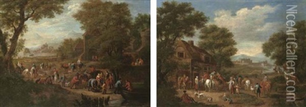 Travellers And Horsemen By A River, A Town Beyond (+ Horsemen And Villagers By A House In An Extensive River Landscape; Pair) Oil Painting - Mathys Schoevaerdts