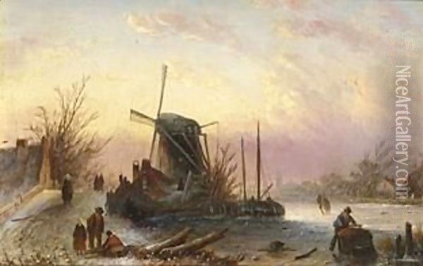 A Winter Landscape With Figures Near A Windmill Oil Painting - Jan Jacob Coenraad Spohler