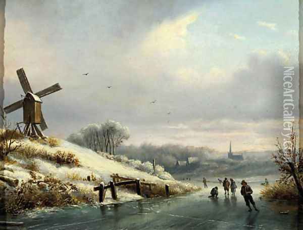 A winter landschape with skaters on a frozen waterway Oil Painting - Dutch School