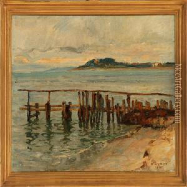 A Bathing Jetty Oil Painting - Borge C. Nyrop