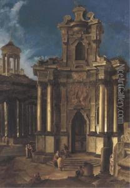 A Capriccio Of A Baroque Church And Antique Ruins Withfigures Oil Painting - Vittorio Maria Bigari