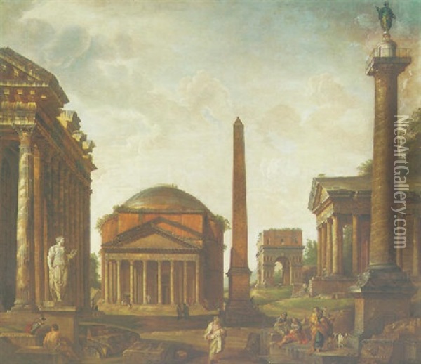 A Capriccio With The Pantheon, An Obelisk, Trajan's Column And The Temple Of Fortuna Virilis, Two Philosophers And Other Figures In Conversation In The Foreground Oil Painting - Giovanni Paolo Panini