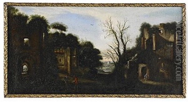 Landskap Med Antika Ruiner (pair) Oil Painting - Filippo d' Angeli