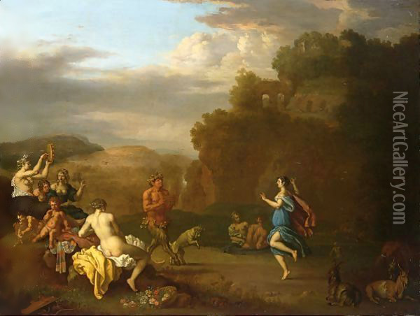 A Bacchanal Scene With Pan Playing The Flute Oil Painting - Daniel Vertangen