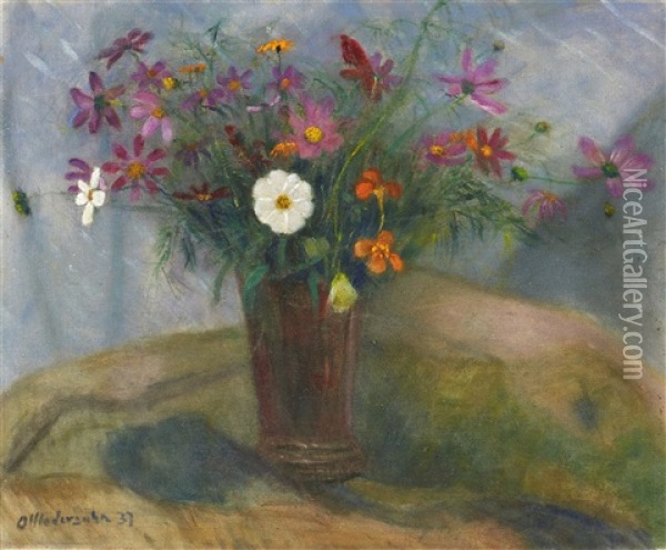 Blumenstraus In Roter Vase Mit Weiser Herbstanemone Oil Painting - Otto Modersohn
