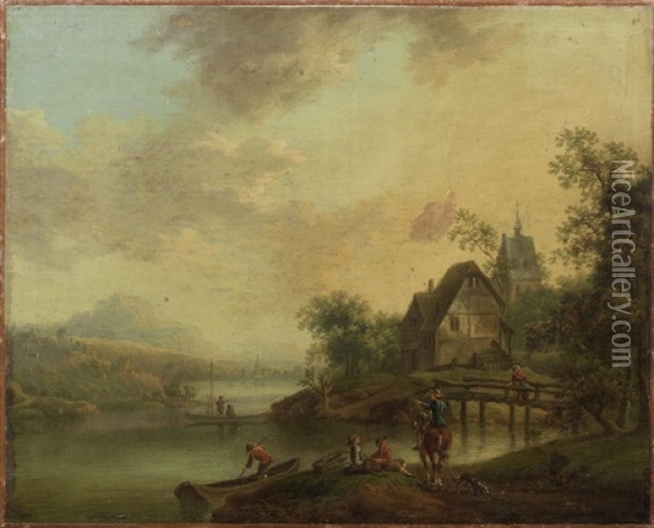 An Extensive River Landscape With Travellers Resting Before A Cottage; And A Figure On Horseback With Others Resting Before A River Landscape (2) Unframed Oil Painting - Christian Georg Schuetz the Younger