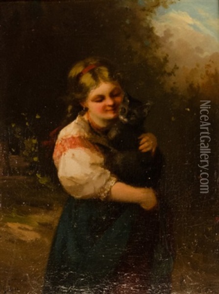 The Girl With A Cat Oil Painting - Semeon Sergeevitch Sudbinsky