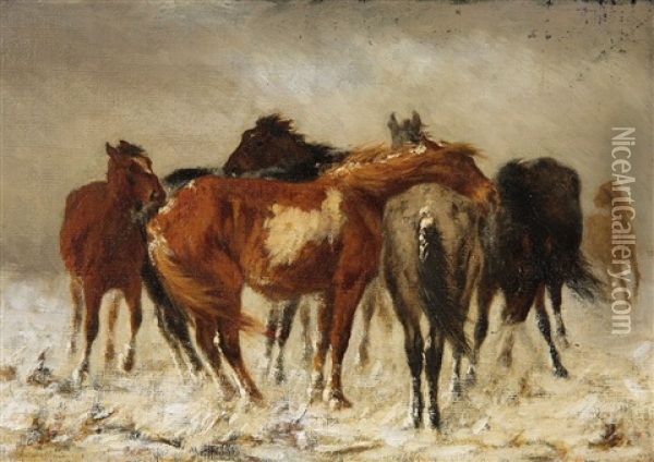 Horses In Winter Oil Painting - Antonis Matteo Montemezzo