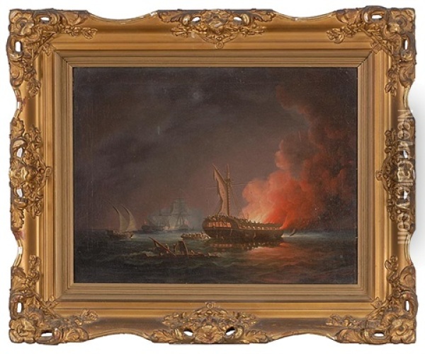 Dramatic Scene Of A Naval Battle At Night Oil Painting - Thomas Buttersworth