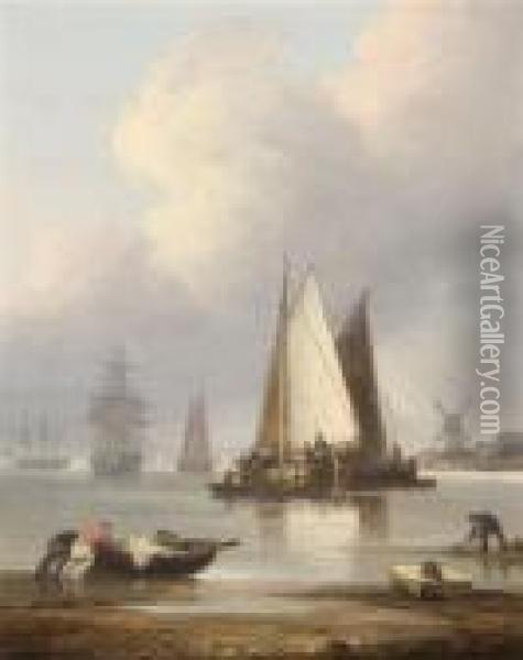 Low Tide In The Estuary With Vessels At Anchor And Loading Oil Painting - Thomas Luny