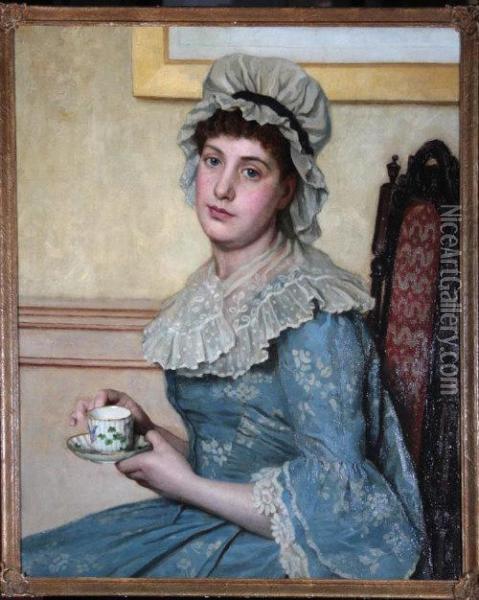 Portrait Of A Young Woman Wearing A Mob Cap, Seated On A Chair And Holding A Tea Cup Oil Painting - Thomas Waterman Wood