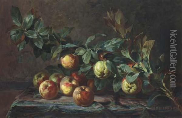 Nature Morte Avec Des Pommes Sur Une Table Recouverte D'un Tapis Oil Painting - Andre Guilbert