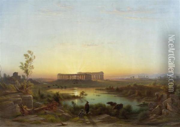 View From The Old Wall Of Paestum Towards The Basilica And The Temples Of Poseidon And Athena Oil Painting - Rudolf Johan Buhlmann