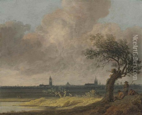 A Landscape With Peasants Resting Under A Tree, The City Of Delft Beyond Oil Painting - Anthony Jansz van der Croos