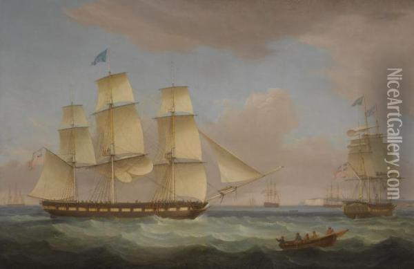 The Merchantman Medina, Of London, In Two Positions Off Dover Oil Painting - Thomas Whitcombe