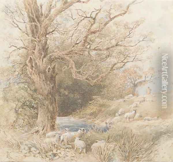 A shepherd with his flock beside a woodland pond Oil Painting - Myles Birket Foster