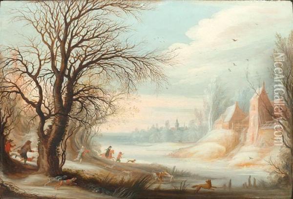 Winter Landscape With Hunters Pursing A Fox. Oil Painting - Gijsbrecht Leytens