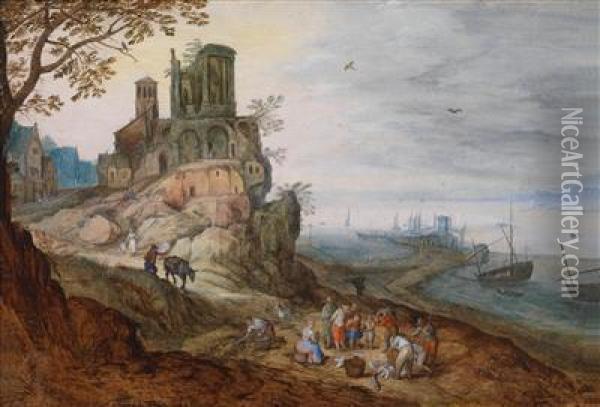 A Extensive Coastal Landscape With A Port Oil Painting - Jan Brueghel the Younger