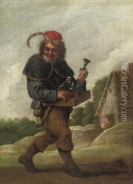 A Pedlar On A Track, Carrying 
His Goods In A Case In Front Of His Belly, A Peasant At The Door Of A 
Cottage Beyond Oil Painting - David The Younger Teniers