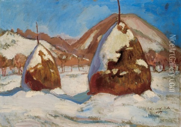 Snowy Haystacks Oil Painting - Bela Ivanyi Gruenwald
