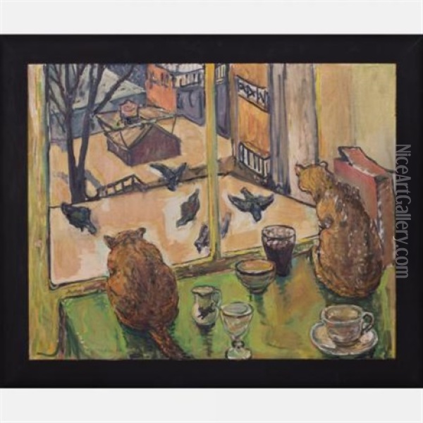 Two Pinckey St. Cats/pigeons On The Roof Aloof Oil Painting - Russell Cheney