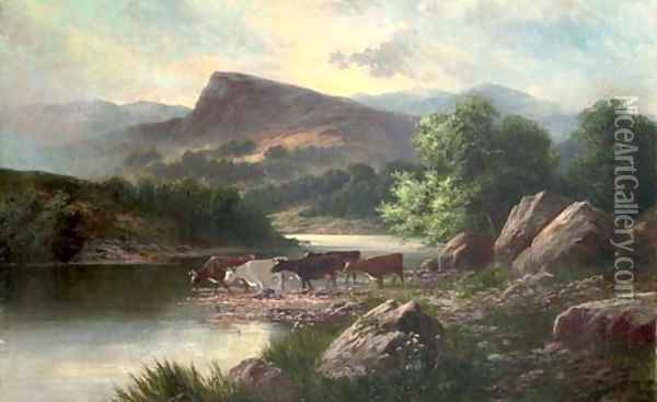Cows watering in a mountainous river landscape Oil Painting - Sidney Yates Johnson