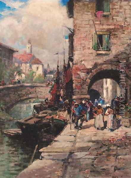 Figures on a quay Oil Painting - Bartram Hiles