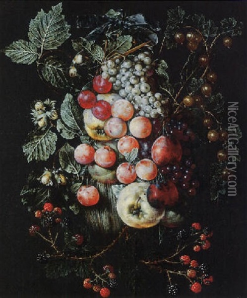 A Swag Of Fruit Hanging From A Nail Against A Wall Oil Painting - Jan van Kessel the Elder