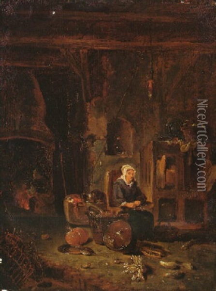 A Maid In A Kitchen With A Copper Pan, A Cabbage, Gherkins, A Pumpkin, Utensils In A Basket Oil Painting - Willem Kalf