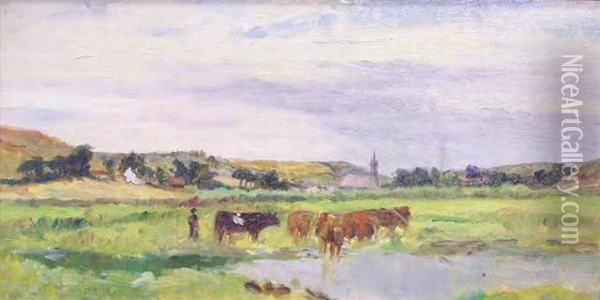 Troupeau De Vaches S'abreuvant Oil Painting - Maurice Dainville