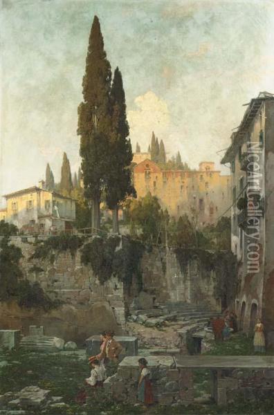 Visitors By Roman Ruins At Dusk Oil Painting - Theodor Groll