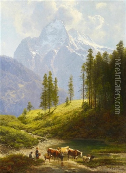 Alpental Mit Blick Auf Die Zugspitze Oil Painting - Karl Millner