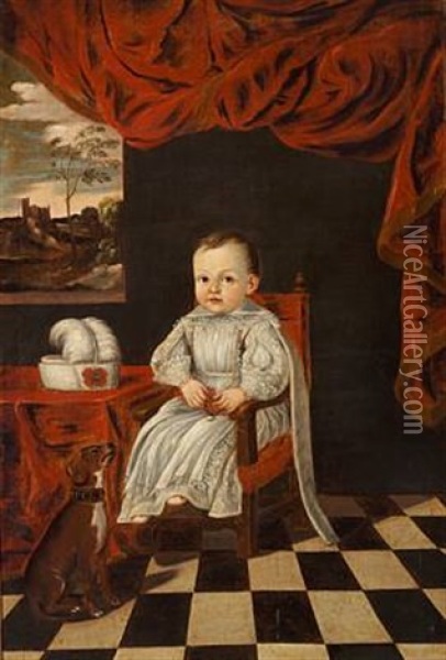 A Little Prince Or Princess, In A White Dress, And A Dog Oil Painting - Enrico (Giovanni E.) Waymer