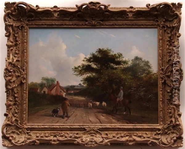 Herder And Dog With Flock Of Sheep In Country Lane, Horse And Rider Oil Painting - John Duvall