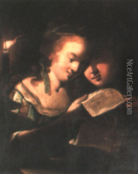 A Young Boy And Girl Reading A Letter By Candlelight Oil Painting - Jean Leclerc