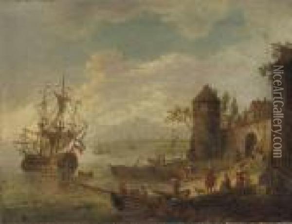 A Coastal Landscape With A 
Sailing Vessel Near A Walled Town, Otherboats And Figures Nearby Oil Painting - Robert Griffier