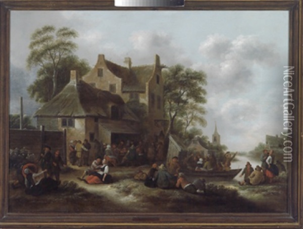 Feiernde Bauern In Einem Dorf Am Fluss Oil Painting - Nicolaes Molenaer