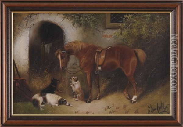 Horse With Three Dogs Oil Painting - Edward Armfield