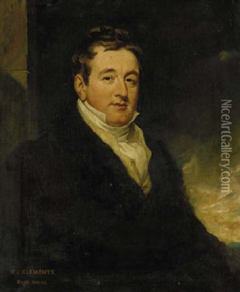 Portrait Of Colonel Henry John Clements Of Ashfield, Co. Cavan, Seated In A Brown Coat Fur-lined Oil Painting - Martin Cregan