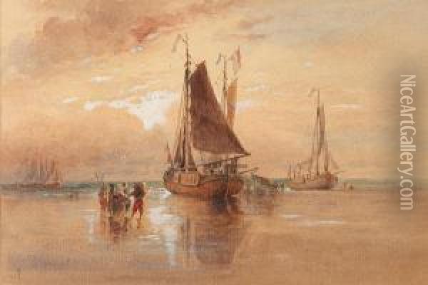 Beach Scene With French Fishing Vessels Oil Painting - Robert Taylor Pritchett