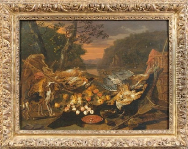 Trophee De Chasse, Fruits Et Chien Dans Un Paysage Au Bord D'un Fleuve Oil Painting - Adriaen de Gryef