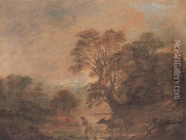 Landscape With A Rustic Leading A Donkey Across A Stream At Dusk Oil Painting - Thomas Barker