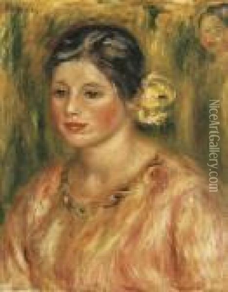 Tete De Jeune Fille En Rose Oil Painting - Pierre Auguste Renoir