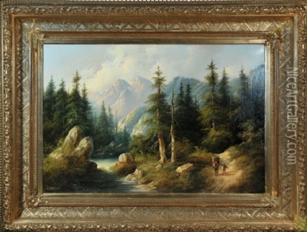 Idyllische Waldlandschaft Mit Reisigsammlern Am Bachlauf Und Blick Auf Die Alpen Oil Painting - Eduard Boehm