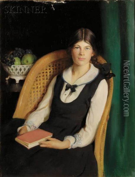 Portrait Of A Young Girl Seated With A Book Oil Painting - Adelaide Cole Chase